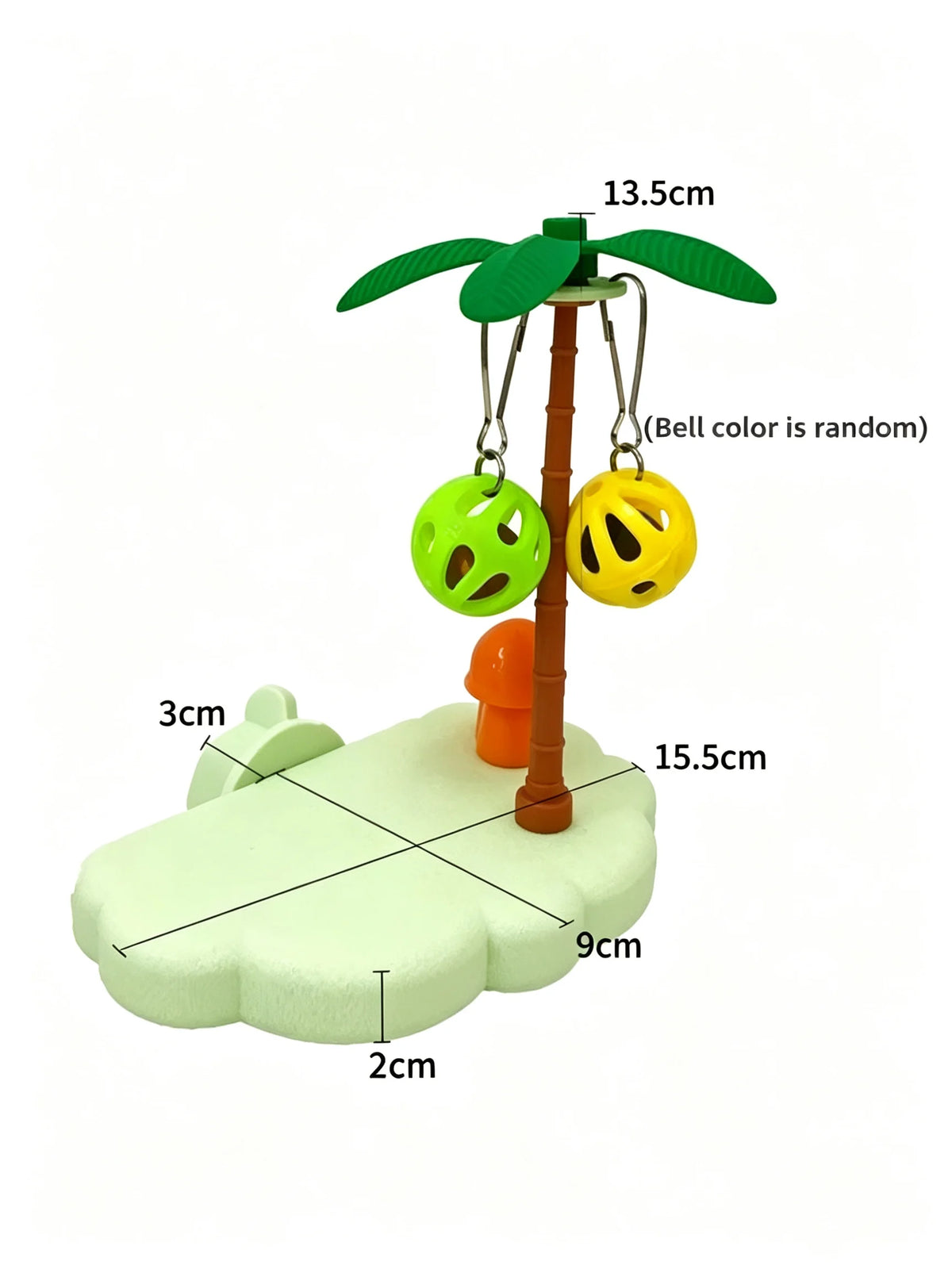 A tropical bird play perch with a wooden stand and hanging yellow and green toy balls.
