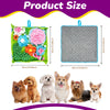 A product size comparison showing a green pet sniffing mat and a gray pet training mat next to several dogs.