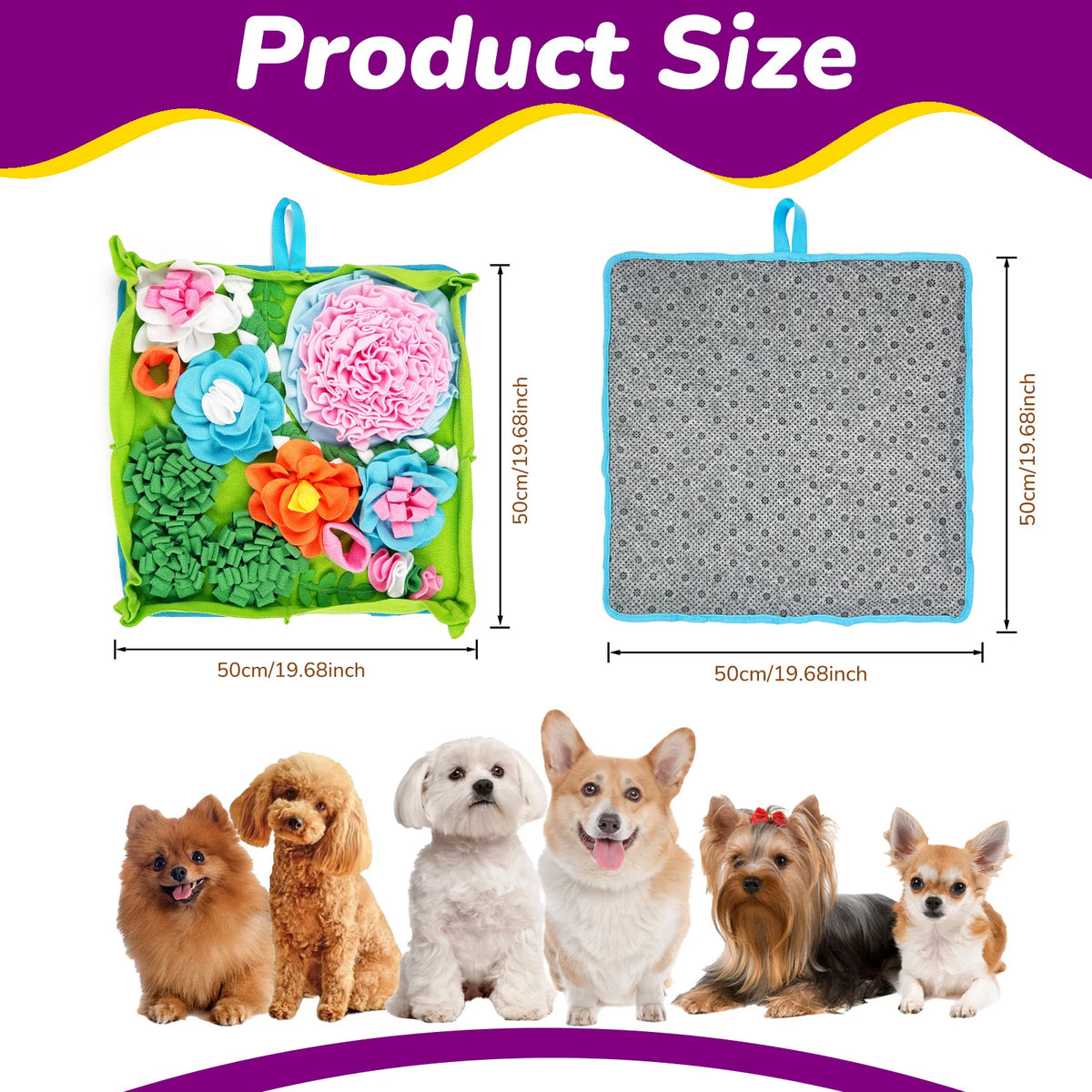 A product size comparison showing a green pet sniffing mat and a gray pet training mat next to several dogs.
