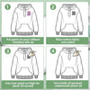 Four steps showing how to iron an embroidered patch onto a cotton hoodie for DIY projects