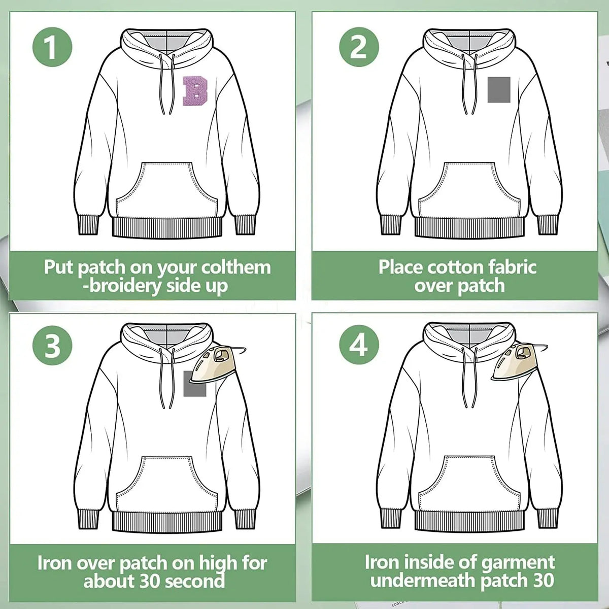 Four steps showing how to iron an embroidered patch onto a cotton hoodie for DIY projects