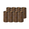 A row of brown biodegradable scented dog poop bags in cardboard tubes.