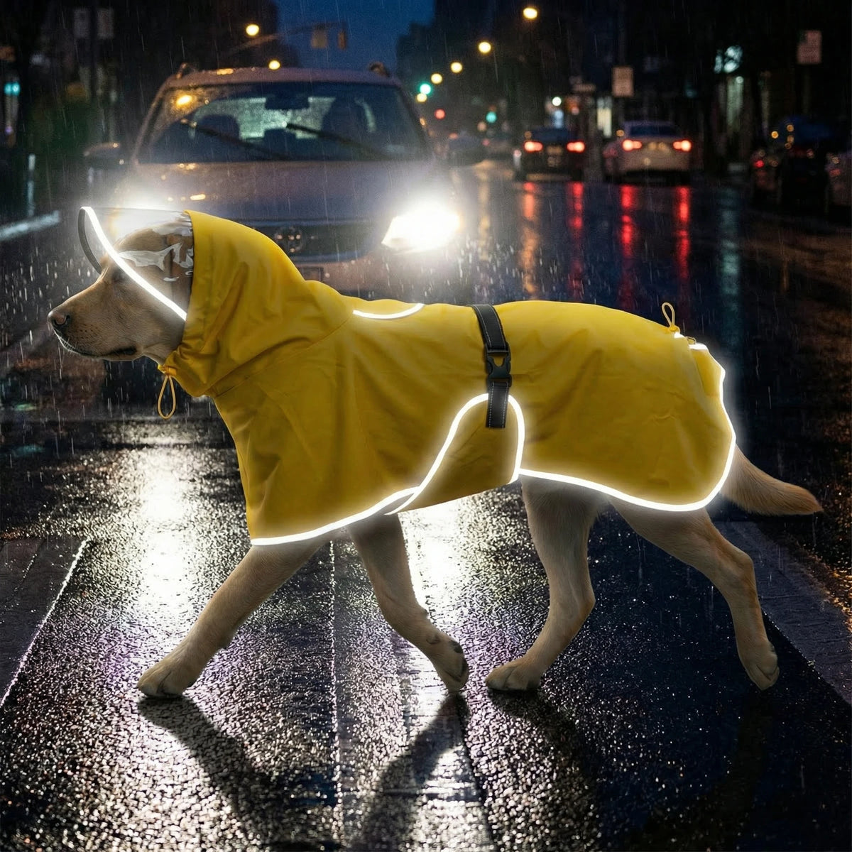 A yellow dog wearing a glowing raincoat walks on a wet street at night.