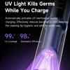 Close-up of a dental cleaning tip emitting UV light for sterilization during charging.