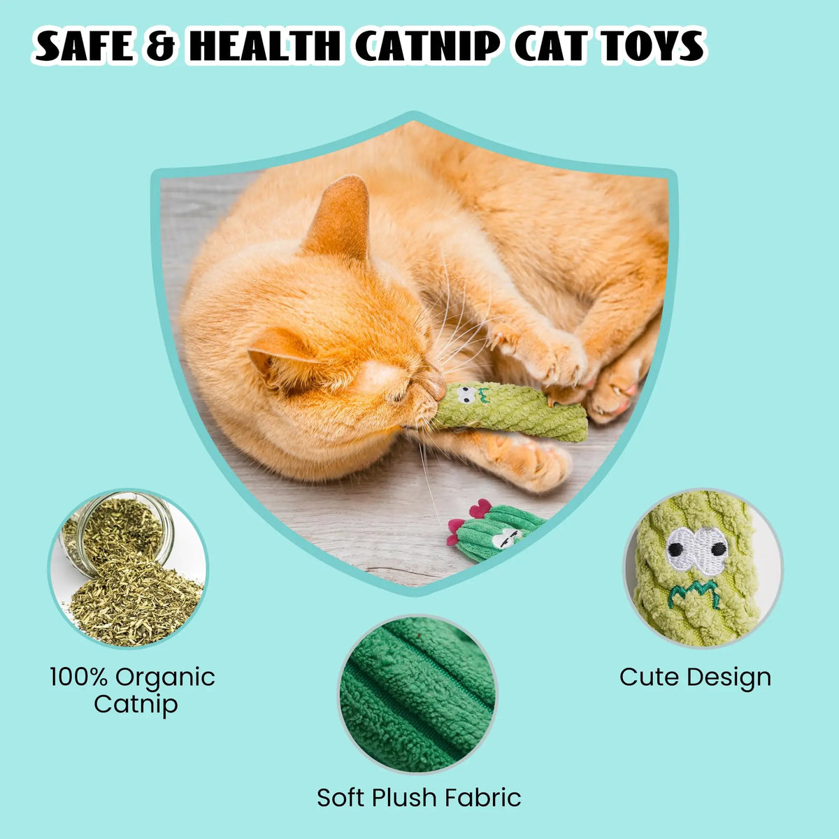 A fluffy orange cat is interacting with a green catnip toy featuring a cactus design.