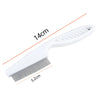 White pet hair removal brush with a flexible silicone head and a plastic handle, shown with dimension lines.