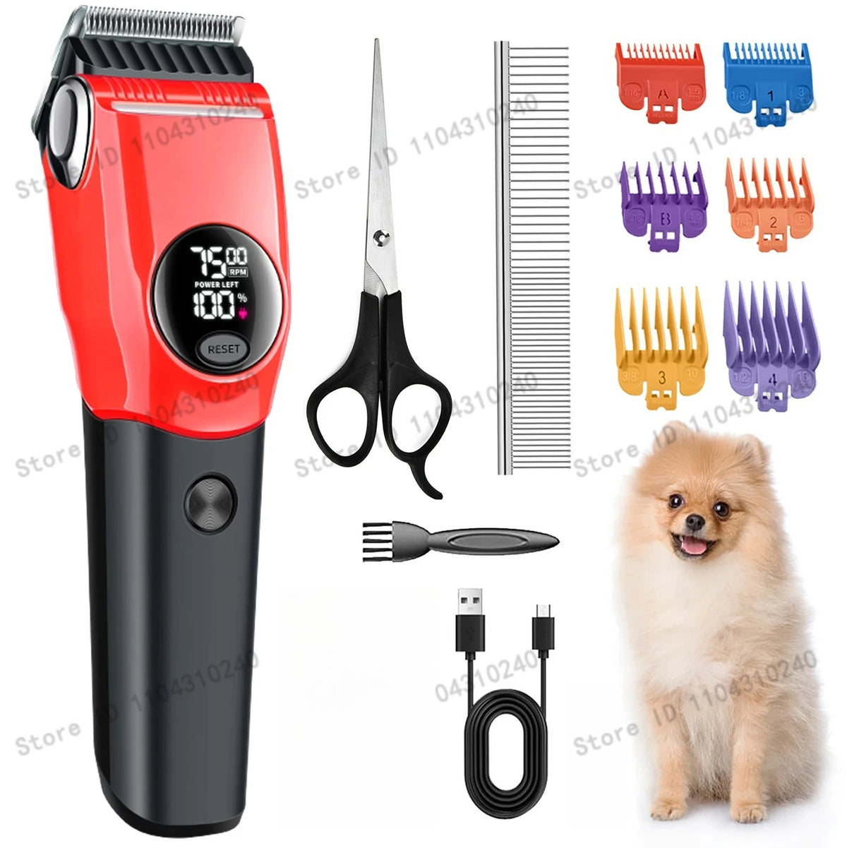 A red pet hair clipper with various attachments, including combs and a grooming tool, next to a small dog.