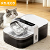 A white pet water fountain sits on a cream rug next to a tabby cat.