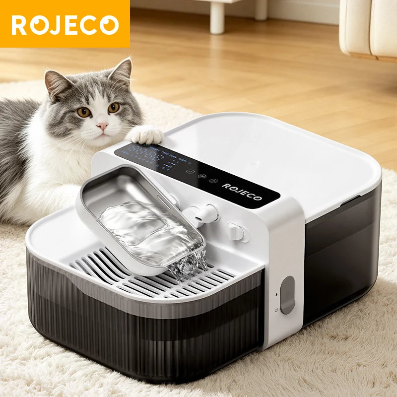 A white pet water fountain sits on a cream rug next to a tabby cat.