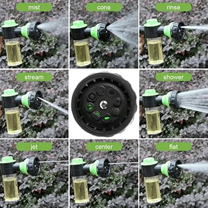 An 8-in-1 high-pressure foam cleaning gun is shown in various spray modes like mist, cone, rinse, stream, shower, jet, center