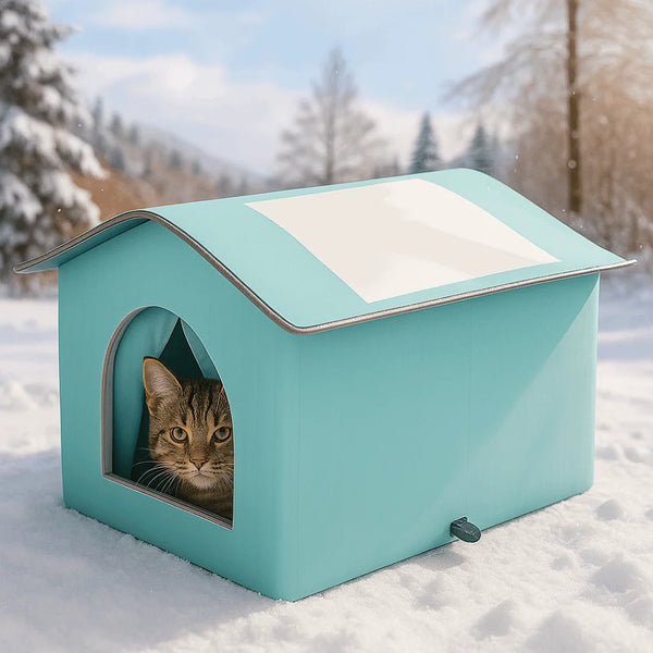A light blue foldable waterproof insulated cat house with an arched entrance in a snowy outdoor setting.