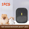 A pair of gray electrostatic gloves is shown next to a fluffy dog and a cat.