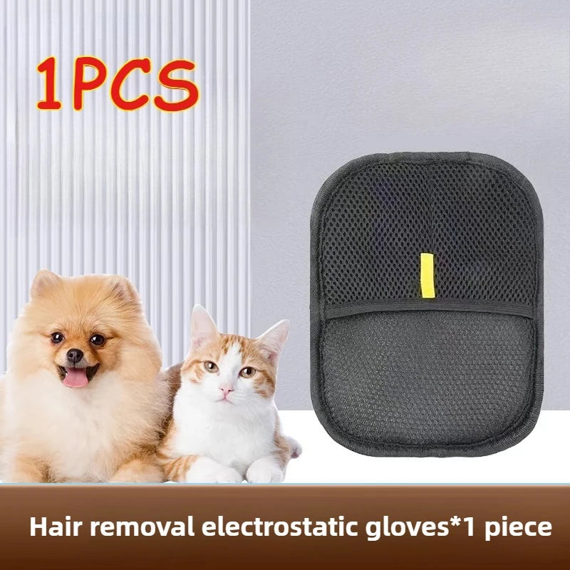 A pair of gray electrostatic gloves is shown next to a fluffy dog and a cat.