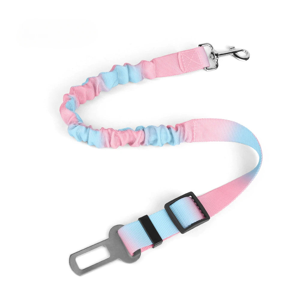 Pink and blue adjustable dog car seat belt with elastic bungee buffer