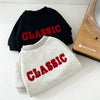 A gray letter print hoodie with the word CLASSIC in red text is displayed next to a black version.