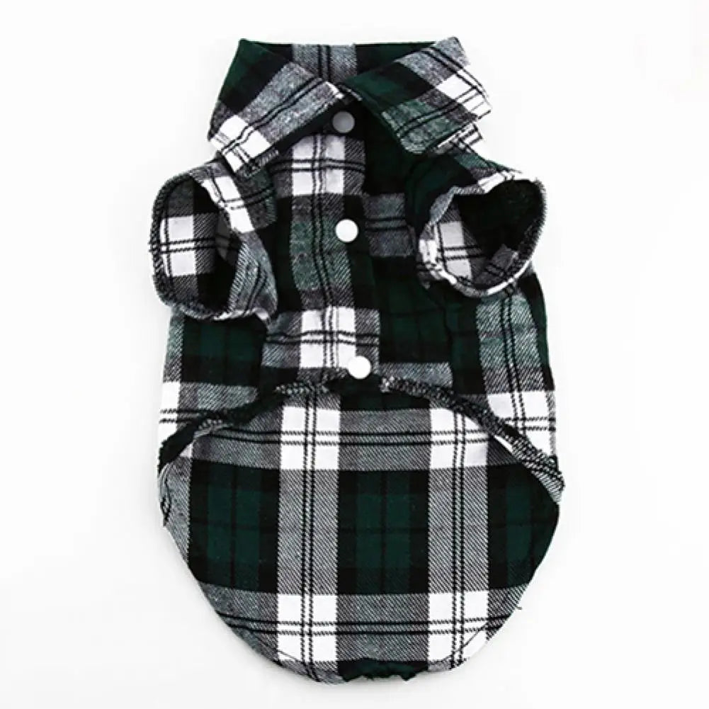 A dark green and black plaid button-up shirt for pets
