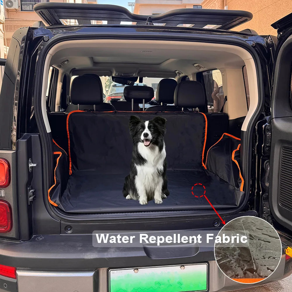 Interior view of a truck showing a water repellent fabric pet car seat cover for dog travel