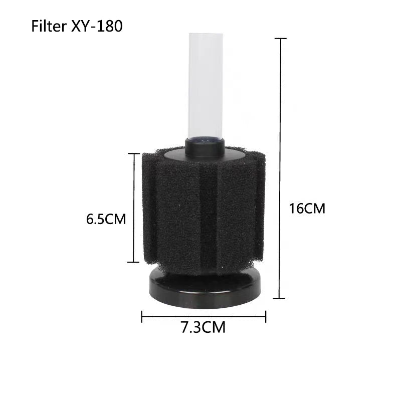 A black biochemical sponge filter with a clear tube, measuring 16cm in height and 7.3cm in diameter.