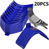 A set of 20 blue plastic bird rest stands for pigeons and doves, with one dove perched on a stand.