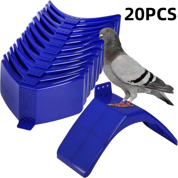 A set of 20 blue plastic bird rest stands for pigeons and doves, with one dove perched on a stand.