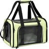 A lime green portable pet carrier bag with black straps and a mesh window.