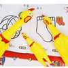 Yellow squeaky rubber chicken dog toys are shown in a book page with outlines of other toys.