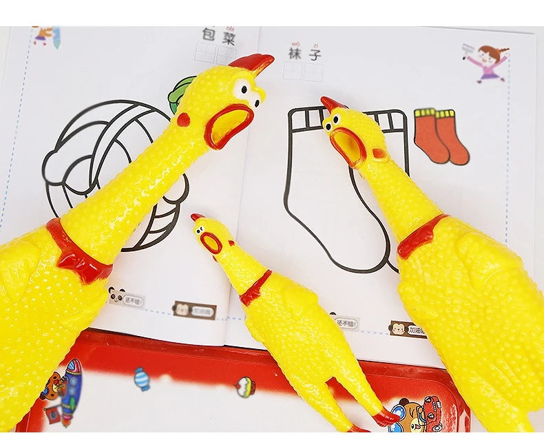 Yellow squeaky rubber chicken dog toys are shown in a book page with outlines of other toys.