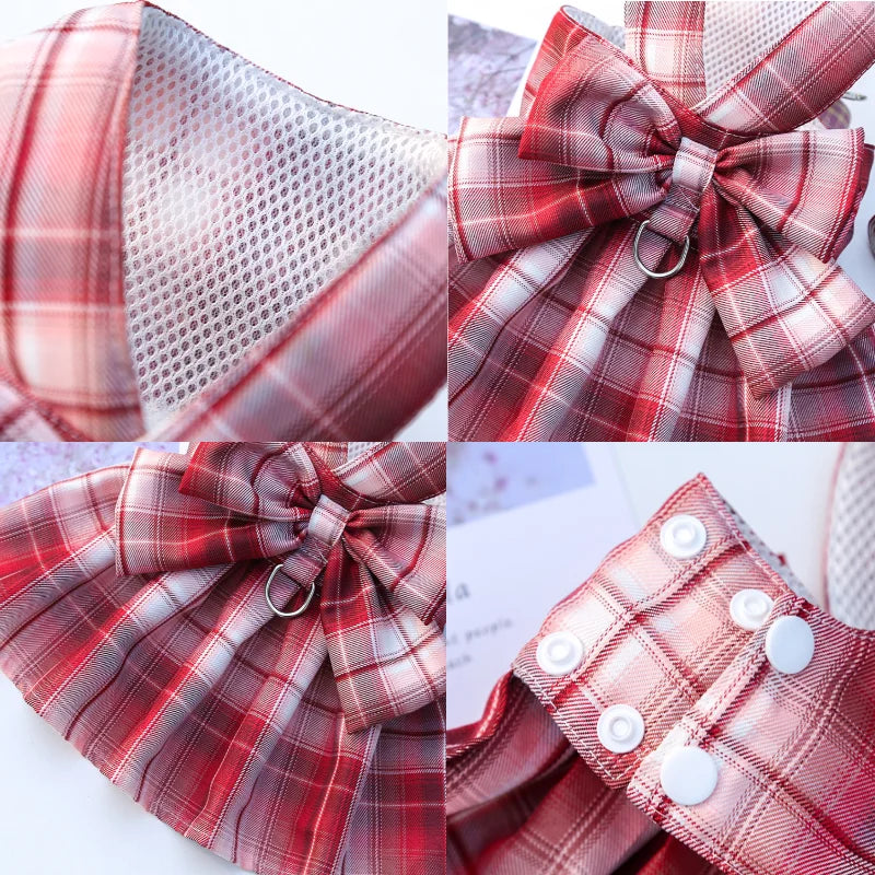 A close-up of a red plaid pet dress-up harness and matching fabric for a dog.