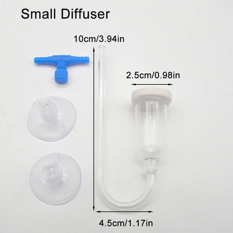 A small diffuser for aquarium CO2 with a blue plunger and suction cup components.