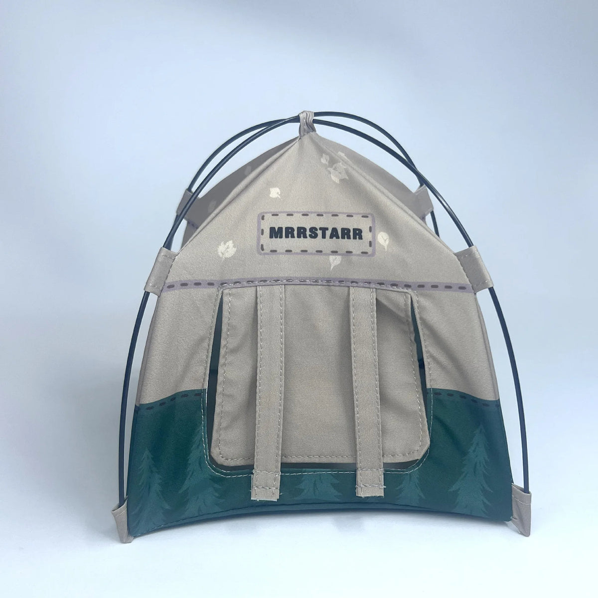 A foldable pet tent made of breathable mesh fabric in beige and dark green colors with a name tag.