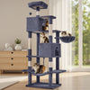 A multi-level blue cat climbing tree with sisal scratching posts, featuring several cats climbing and resting on the structur