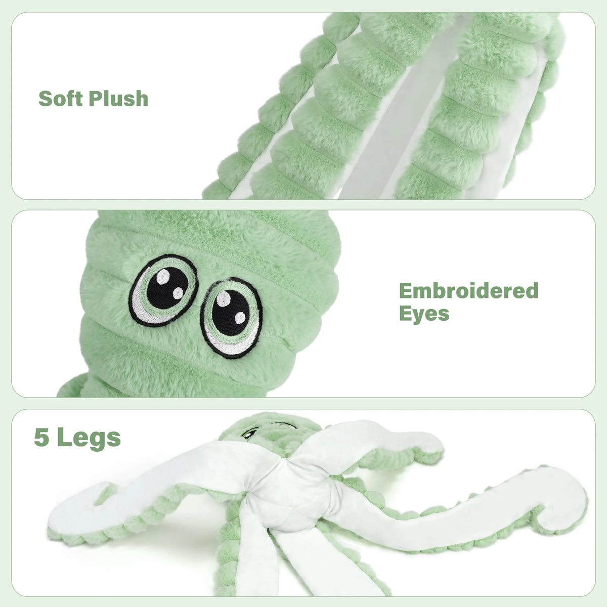 Un jouet en peluche doux avec des yeux brodés et cinq pattes.