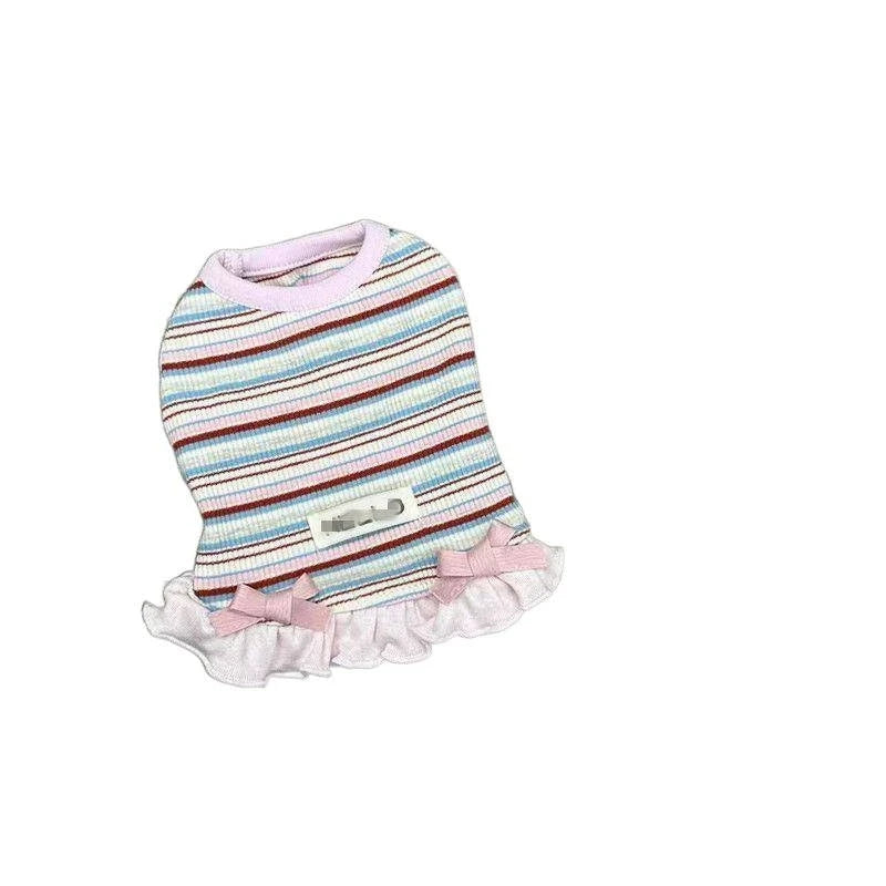 A striped dog dress featuring a pink neckline, bowknot detail, and ruffled trim.