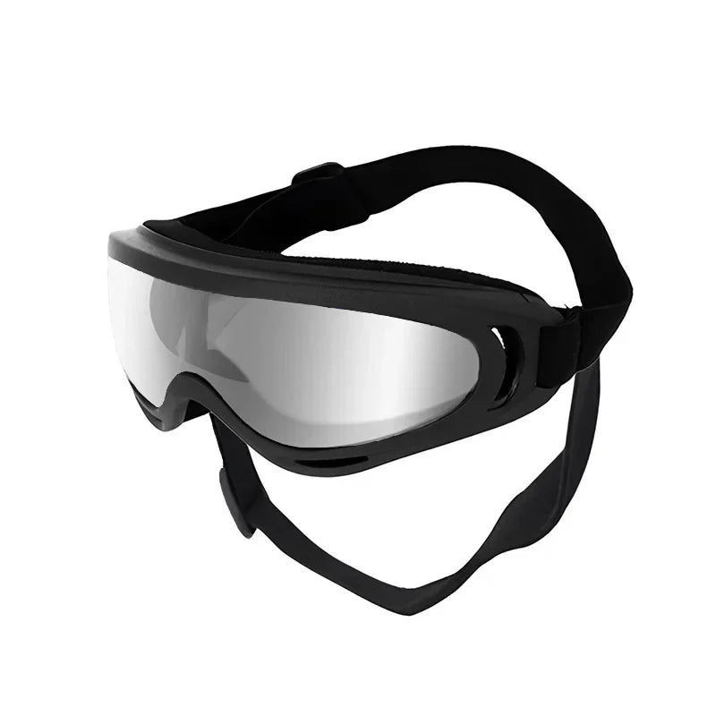 Black adjustable anti-glare pet sunglasses for dogs with a clear lens and strap.