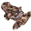 A brown and green camouflage waterproof raincoat for dogs shown flat.