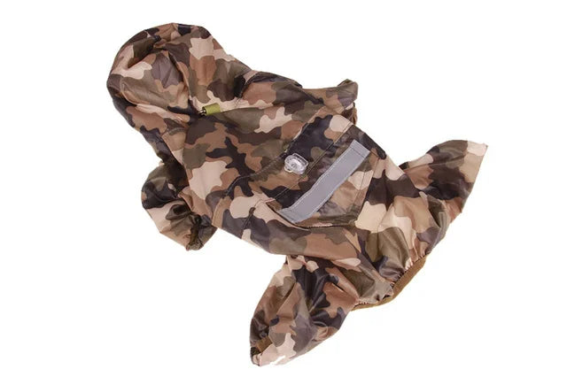 A brown and green camouflage waterproof raincoat for dogs shown flat.