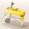 A clear glass cat drinking fountain with a yellow base and a silver spout, showing water flowing.