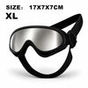 Black adjustable pet goggles with silver lenses shown on a white background.