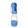 A blue portable pet water and food dispenser with a silicone strap.
