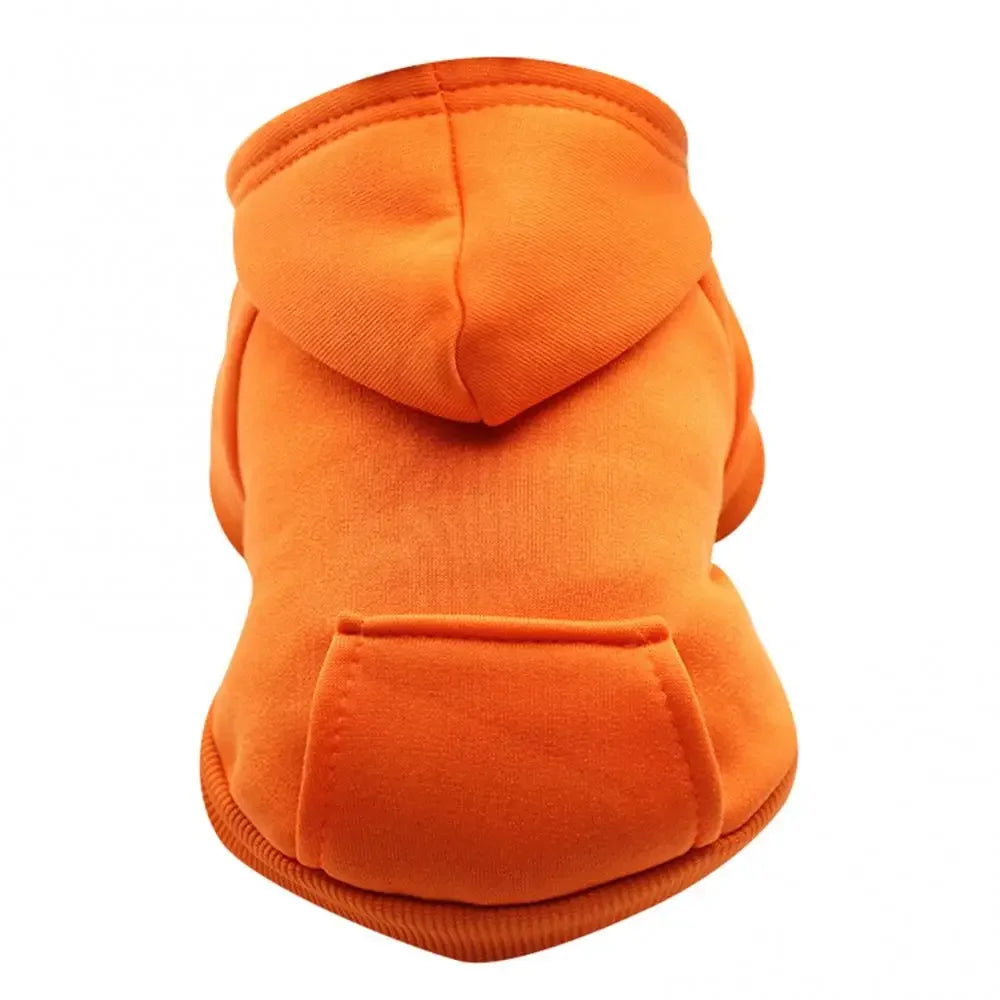 An orange cozy pet hooded sweatshirt for dogs.