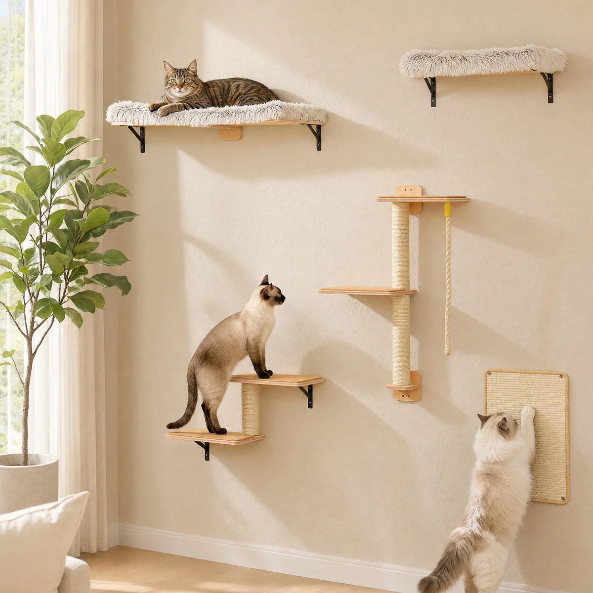 A wall-mounted cat climbing set featuring multiple modular wooden shelves and a soft cat bed on a beige wall.