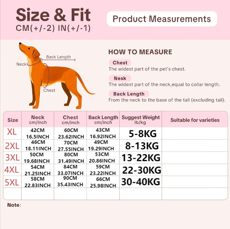 Size and fit chart for a dog hoodie showing measurements like neck, chest, and back length in centimeters and inches.