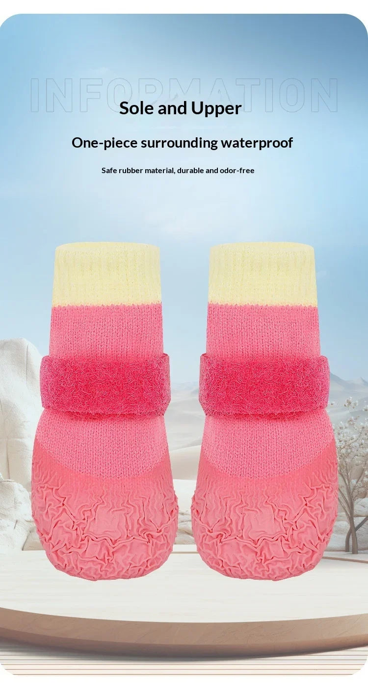 A pair of pink and yellow one-piece waterproof socks for dogs, showing the sole and upper.