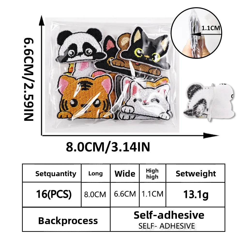A set of 16 cat embroidered iron-on patches in various colors and styles for clothing and DIY projects.