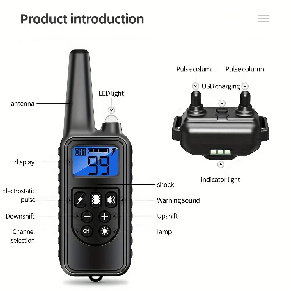 A black waterproof rechargeable dog training collar with a remote, display, and LED light.