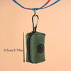 Distributeur de sacs pour chiens en olive foncé attaché à un cordon bleu et rouge.