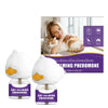A white cat calming pheromone diffuser device and bottle are shown next to a woman petting a cat.