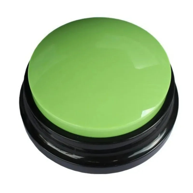 A round, lime green talking pet training button with a black base.