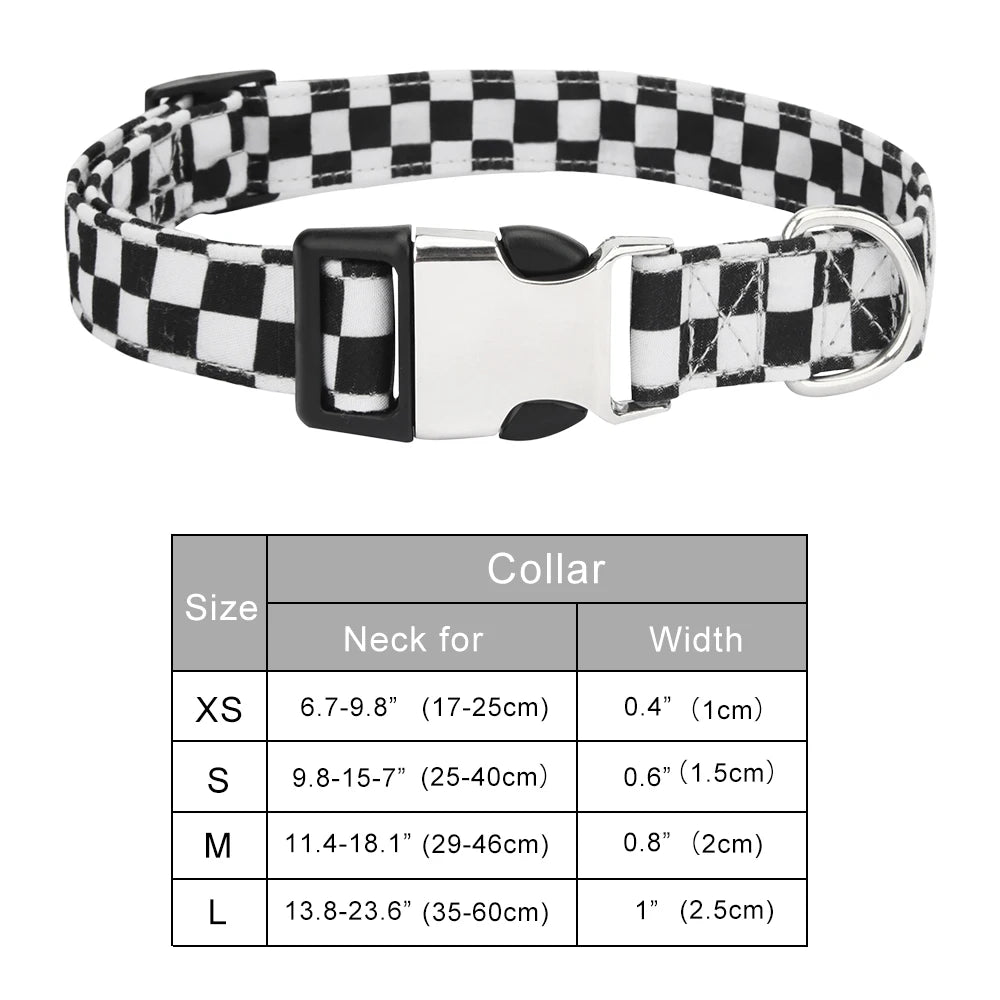 Black and white checker pattern adjustable dog collar with silver buckle for small to large dogs