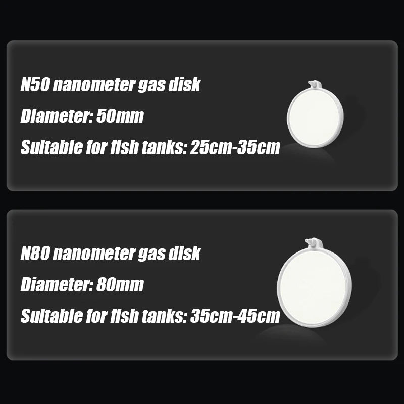Two gas disks for fish tanks: one N50 with a 50mm diameter and one N80 with an 80mm diameter.